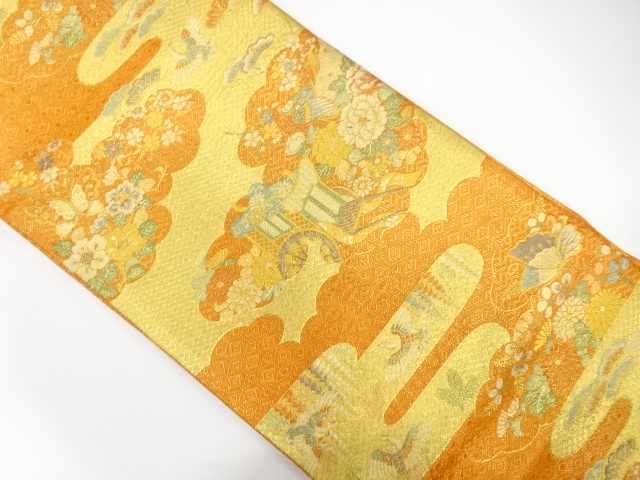 佐賀錦　雲取りに御所車・蝶・椿模様織り出し　袋帯